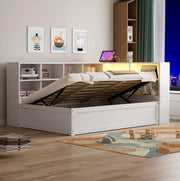 Letto 90x200 cm con prese multifunzione; LED e vani portaoggetti in legno bianco