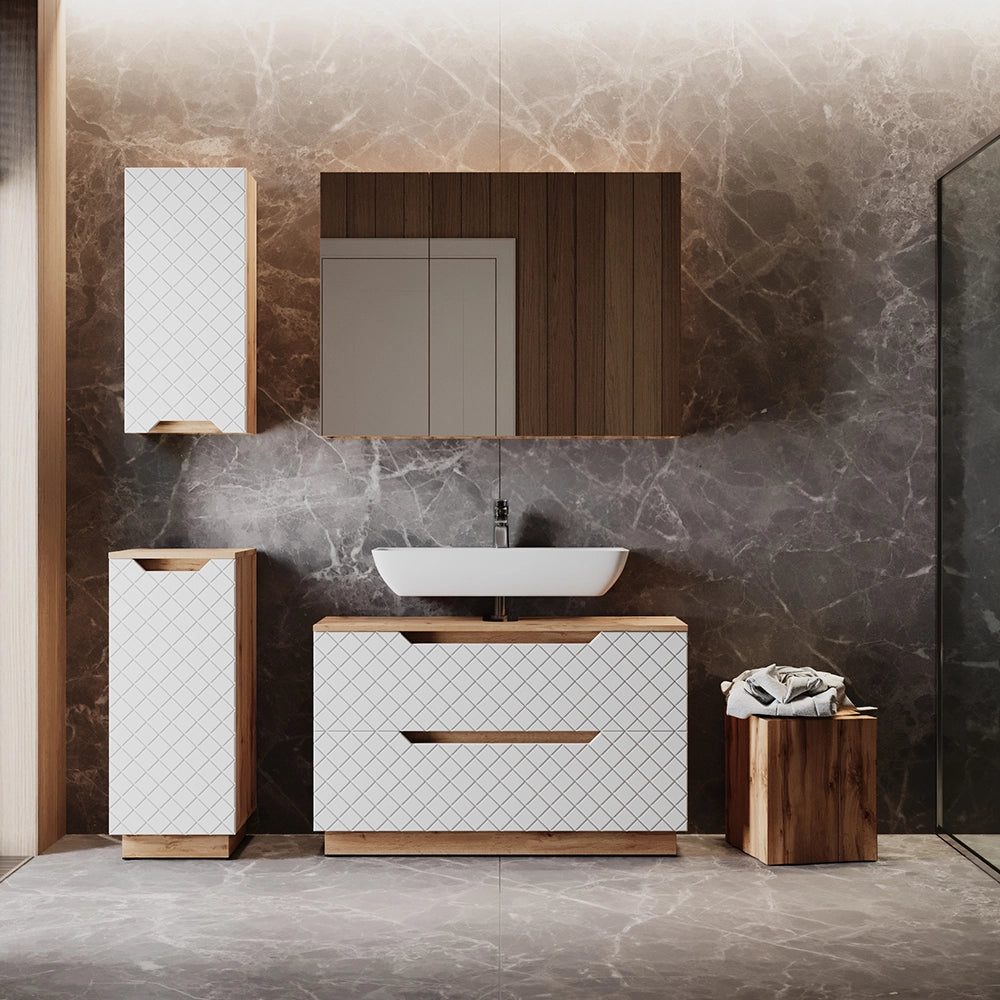 Vicco Set di mobili da bagno Rovere/bianco con struttura in piastrelle 4 parti
