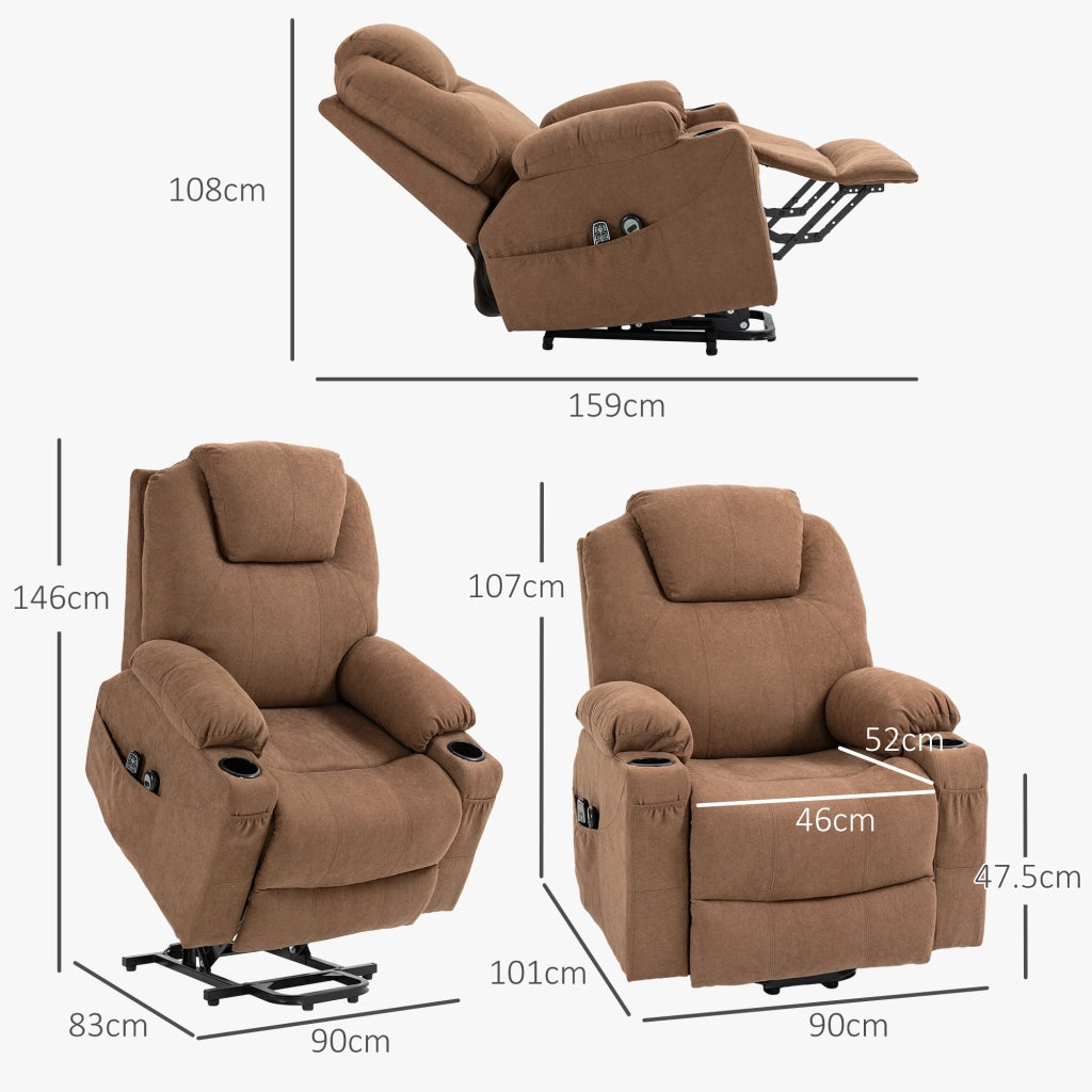 Poltrona Alzapersona Massaggiante a 8 Punti con Telecomando, in Tessuto Effetto Lino, 90x101x107 cm, Caff¨¨