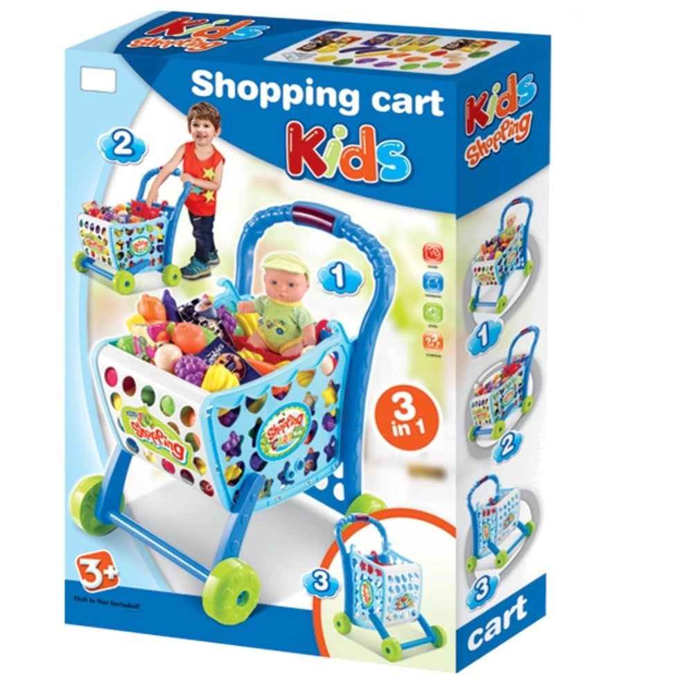 Trade Shop - Carrello Spesa Supermarket Per Bambini Rosa Azzurro Con Frutta E Verdura 3in1 -