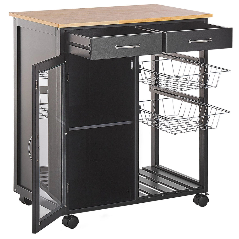 Carrello Cucina Legno Pino Nero 2 Cassetti 1 Mobiletto 2 Scaffali Ruote Soggiorno
