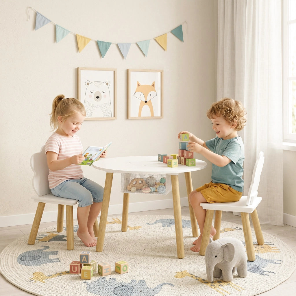 Set tavolo e sedie per bambini con contenitore ¨C Xylo ¨C Legno bianco e naturale 3 pezzi