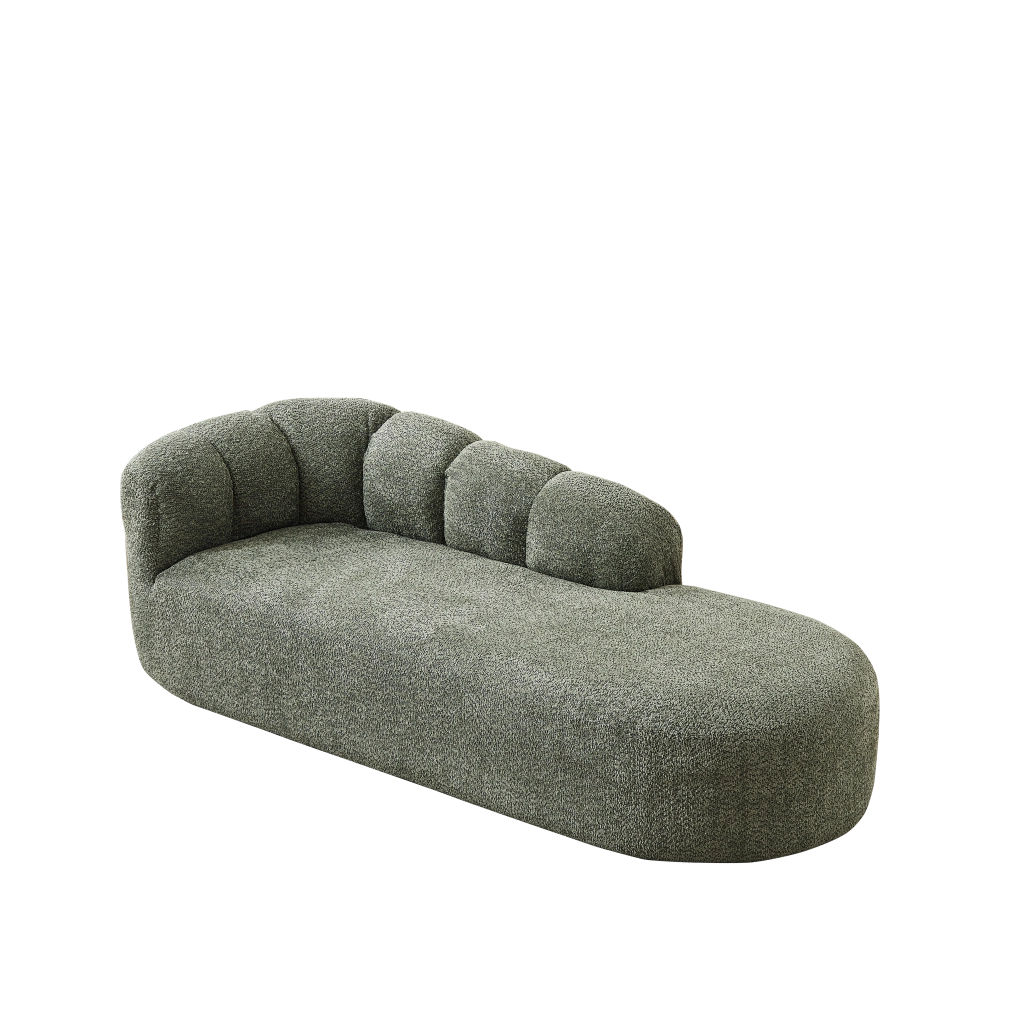 Chaise longue curva in Chenille verde salvia, senza braccioli, schienale ondulato