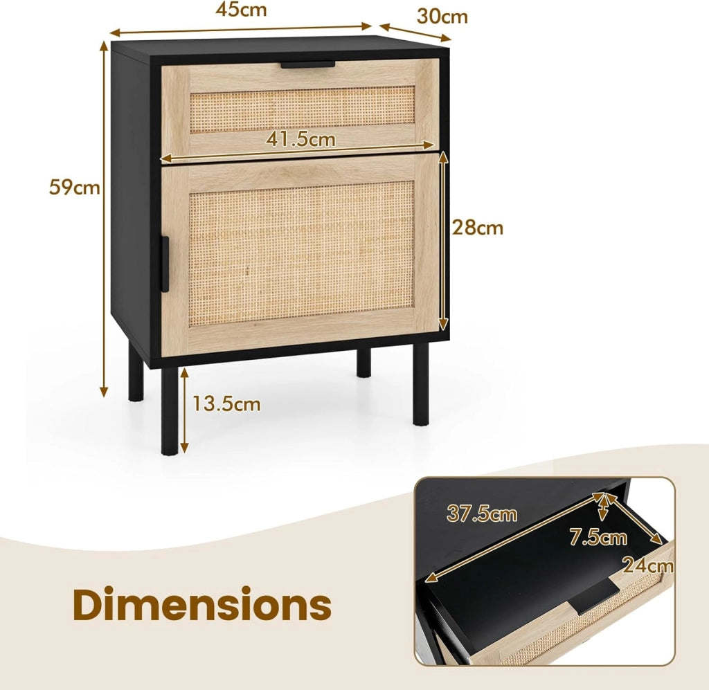 Confezione da 2 Comodini Moderni, Tavolino in Rattan con Cassetto e Armadietto, Gambe in Metallo Robusto, Tavolino di Metà Secolo per Soggiorno, Camera da Letto, Ufficio (Nero)
