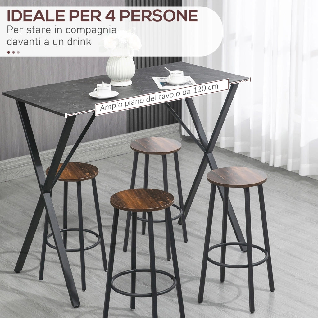 Tavolo Bar Alto Stile Industriale Effetto Marmo Legno Acciaio ¨C zephmum ¨C Nero 120x60x102 cm