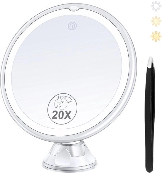 Specchio di ingrandimento 20x con luce, specchio di ingrandimento illuminato con chiusura a molla e pinza, ingrandimento 3 colori, specchio per trucco, rotativo 360 gradi, specchio per trucco con luce
