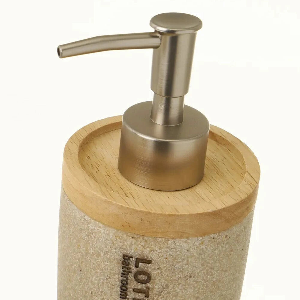 Set Bagno 3pz Con Dispenser Sapone Bicchiere Portaspazzolini Poliresina e Legno