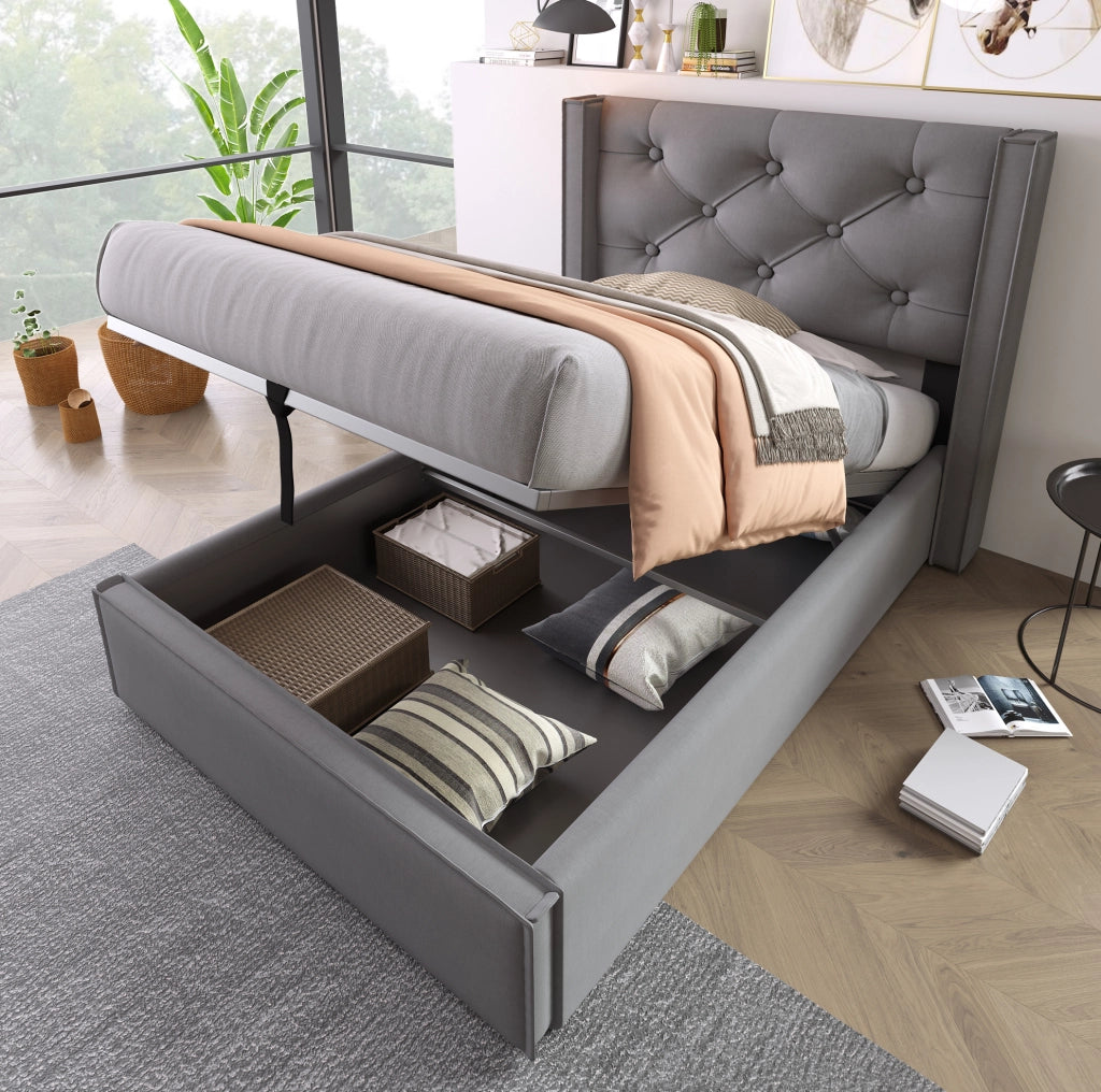 Letto singolo imbottito 90x200 cm con contenitore; sollevamento idraulico; grigio