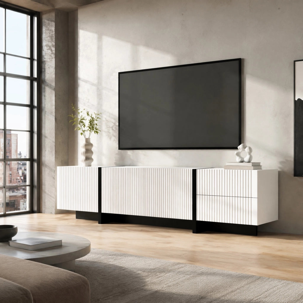 TV-Schrank 190 cm con 2 cassetti e 3 ante; MDF e truciolare; nero bianco