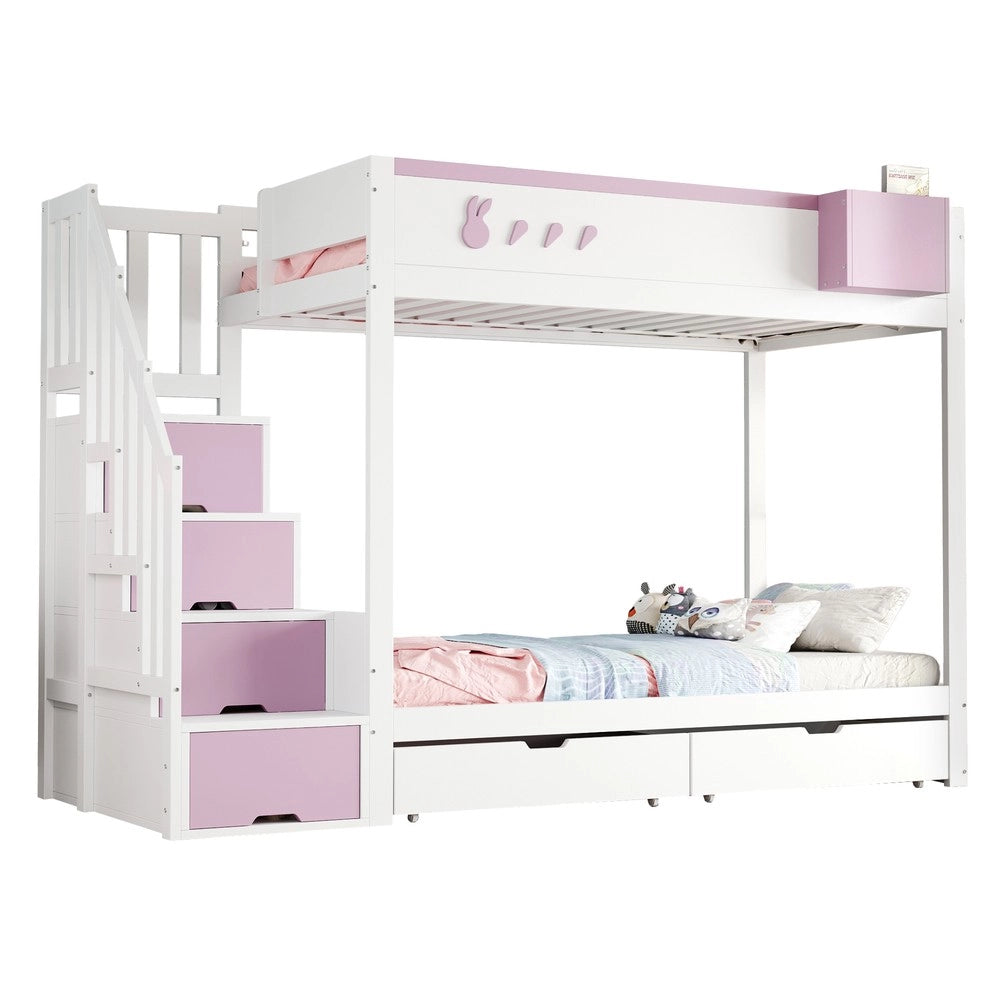Letto a Castello Singolo con Cassetti e Doghe ¨C MINIMAL ¨C Bianco e Rosa, 90x200