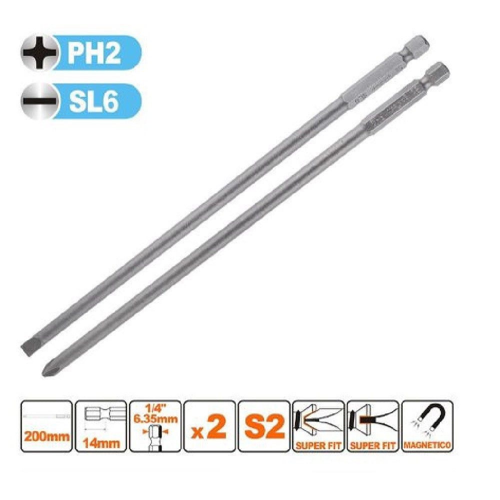 Trade Shop - Kit 2 Bits 200mm Gambo 1/4" 6.35mm Punta S2 Magnetica Croce Ph2 Taglio Sl6 57252 -