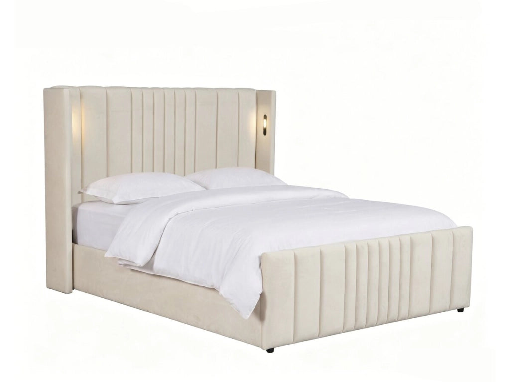 Letto matrimoniale con contenitore in tessuto e lampade integrate "Verbier" - 140 x 190 cm - Beige
