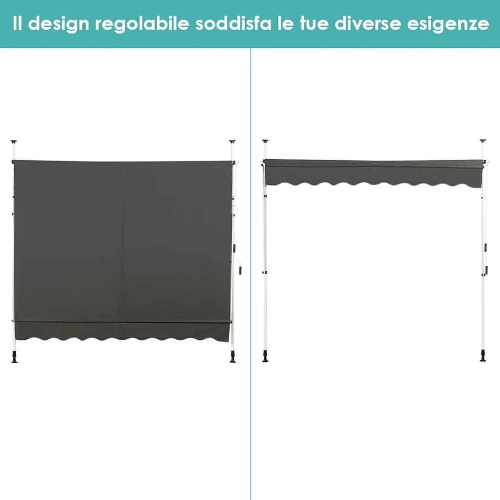 Tenda da Sole per Balcone, Tenda da Sole a Morsetto per Esterno, Regolabile in Altezza, Telaio Telescopico Senza Forare, Telo Resistente ai Raggi Solari (200 cm, Grigio)