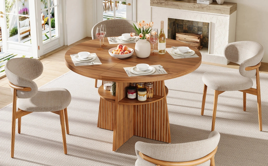 Tavolo allungabile rotondo per 2-8 persone con ripiano contenitore, in MDF, finitura noce, 110-150 × 110 × 77,5 cm