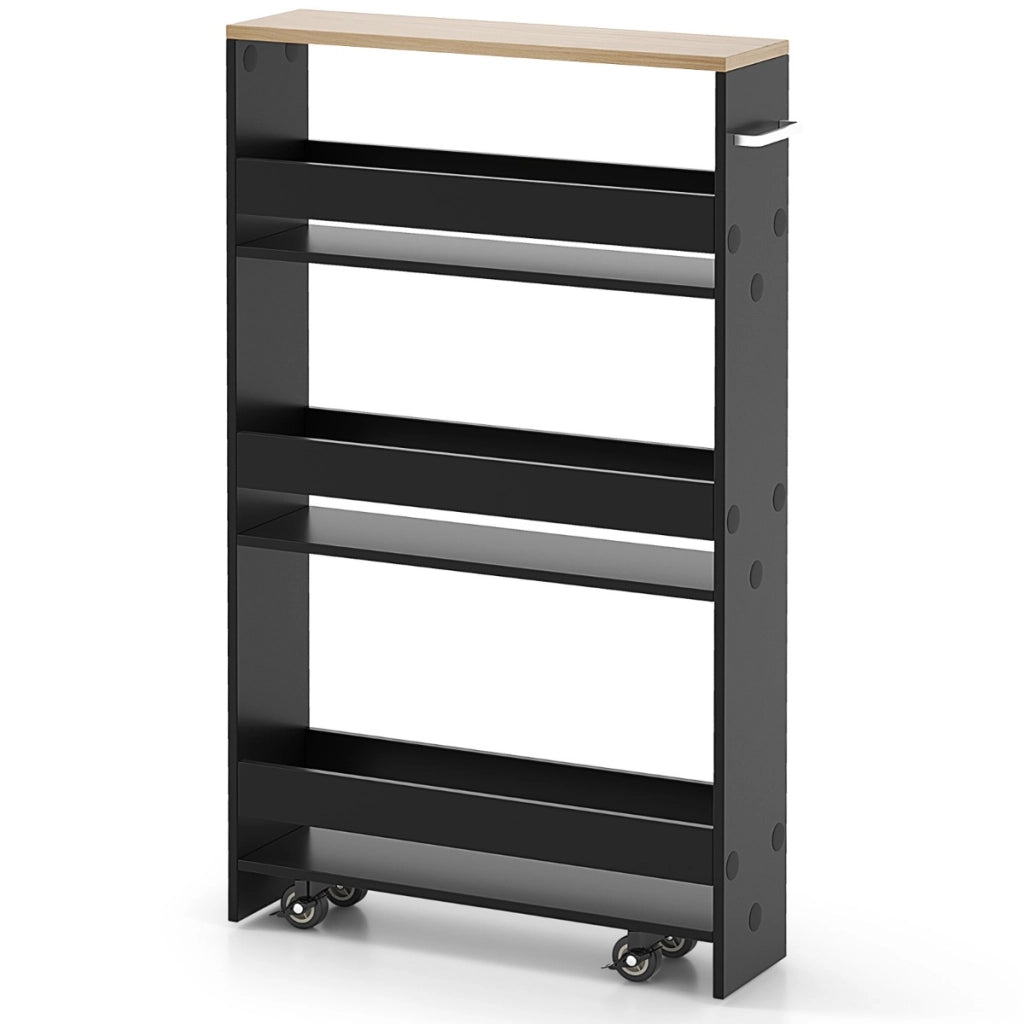 Carrello portaoggetti da cucina con maniglia ruote-Scaffale mobile salvaspazio con scaffali stretti Nero
