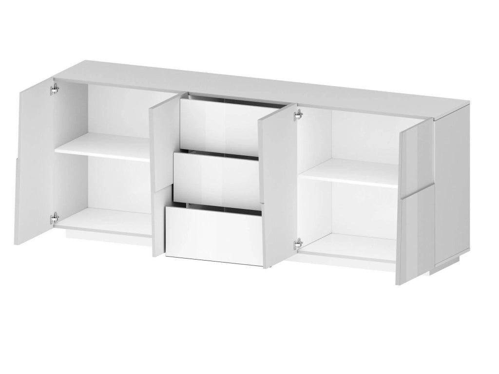 Credenza Astel, Buffet da soggiorno, Madia da salotto con 4 ante e 3 cassetti, 220x44h86 cm, Bianco lucido