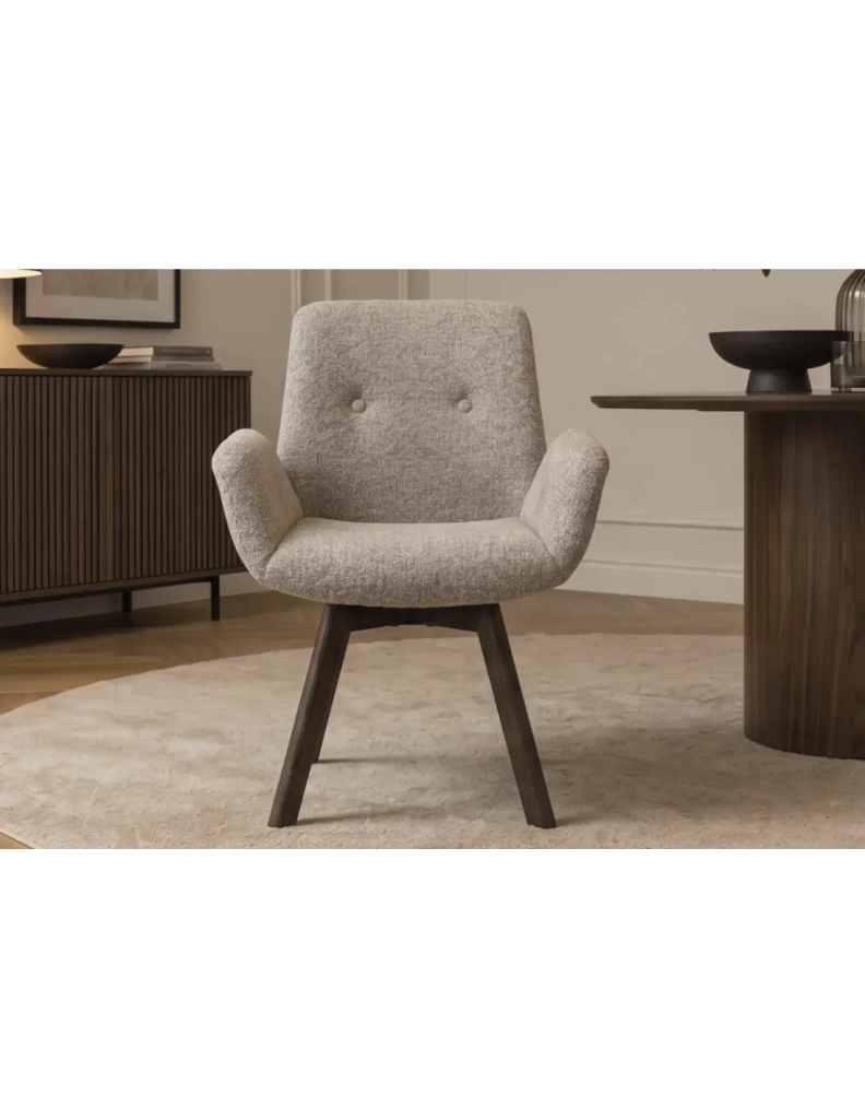 Set di 2 sedie design SORRANO girevoli a 360° in tessuto tweed taupe e piedi in rovere scuro