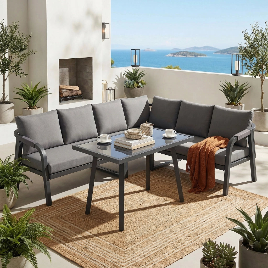Set da Giardino con Divano ad Angolo e Tavolo, 6 Posti ¨C Xylo ¨C Polyrattan Grigio, Acciaio Zincato