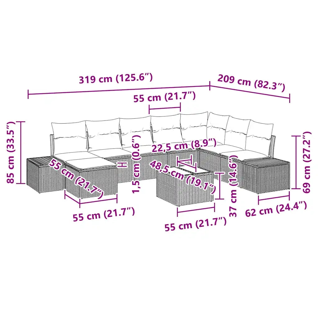 Set Divano da Giardino con cuscino 9 pcs Nero polyrattan 3347187