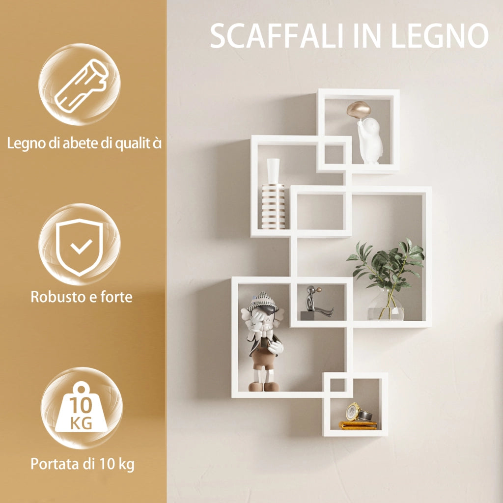 EasyComfort Libreria Moderna Sospesa con 5 Cubi Intrecciati in Legno, 49.5x10.2x86cm, Bianco