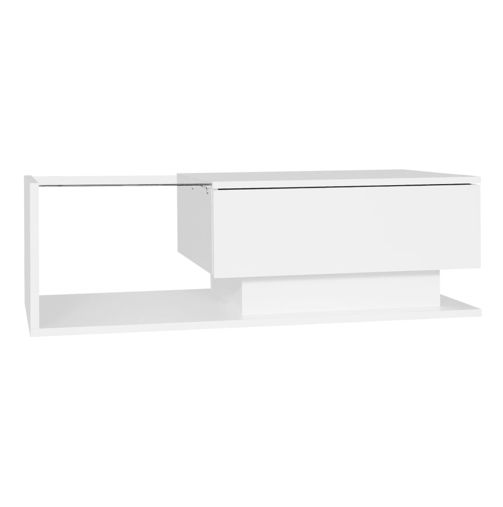 Tavolino da salotto moderno 100x50x32 cm bianco lucido con piano in vetro; cassetto e LED