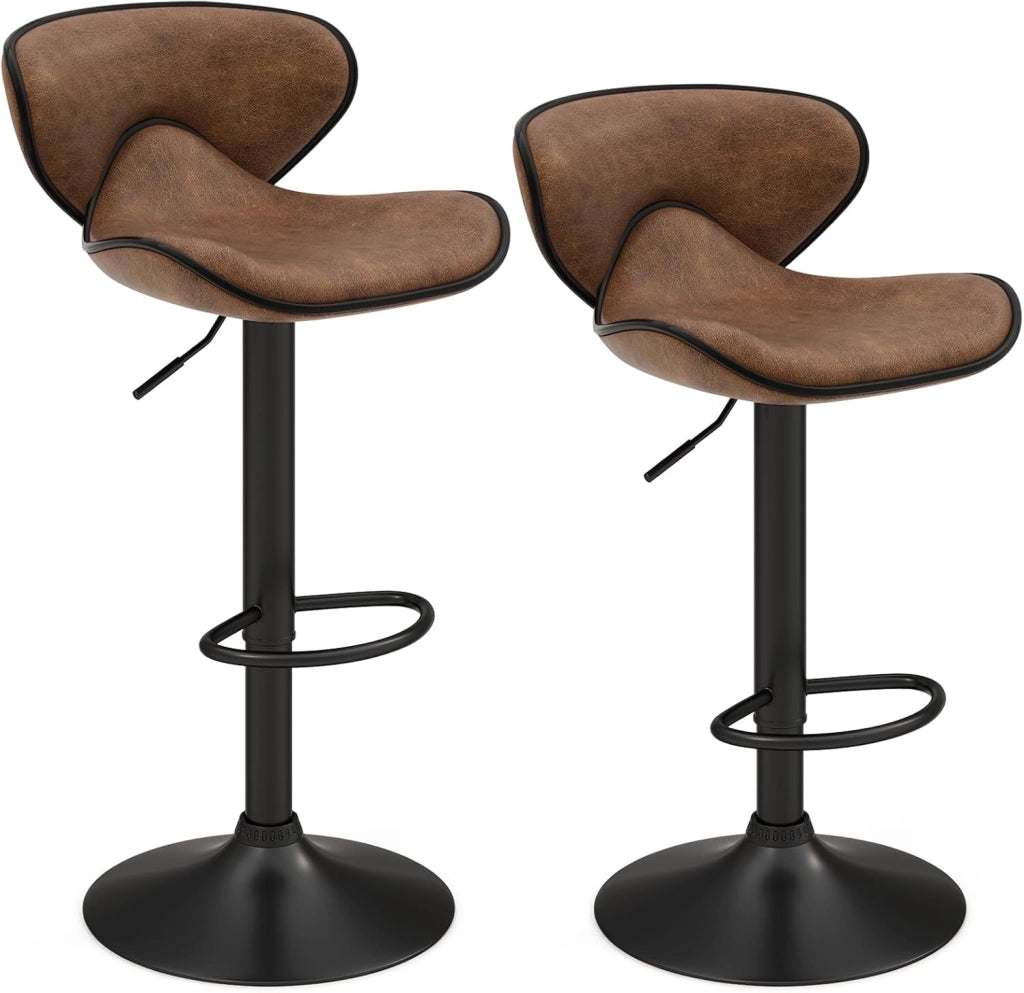 Set di 2 Sgabelli da Bar con Altezza Regolabile, Sgabello da Cucina Imbottito e Girevole a 360° con Schienale, Poggiapiedi e Base Metallica, Sgabelli in Pelle Stampato da Casa (Marrone)