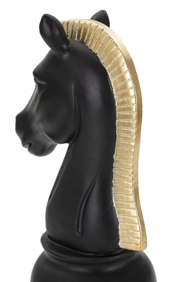Statua Cavallo scacchi nero criniera oro, poliresina 10,5x8,5x19cm