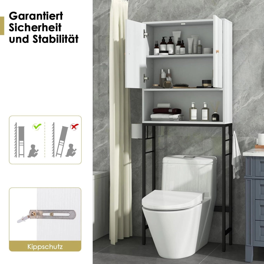 Armadio per Stoccaggio Sopra il WC, Organizzatore da Bagno con Armadietto a Doppia Porta, Scomparto Aperto, Mensola Regolabile a 5 Livelli e Barra Inferiore Regolabile (Bianco)