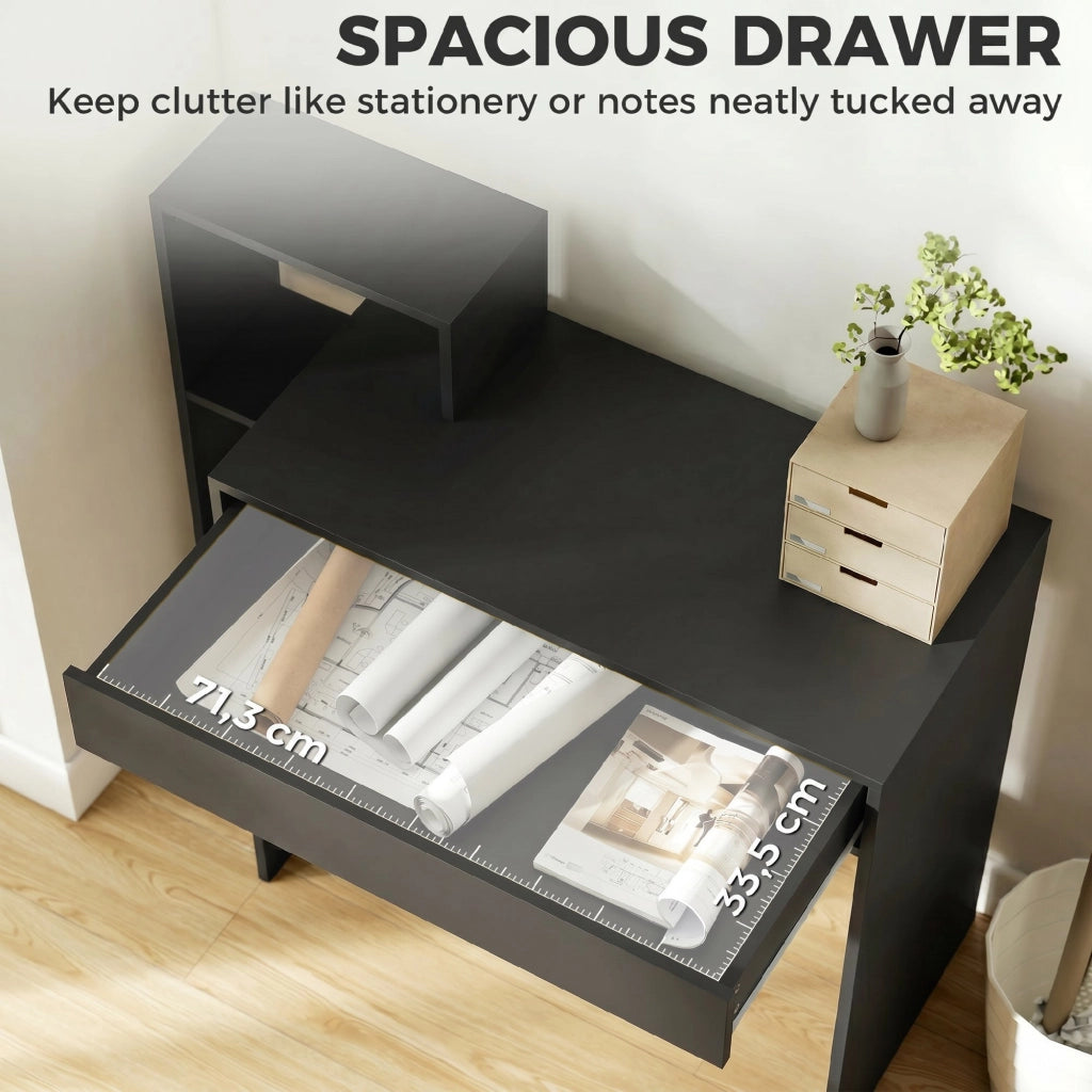 Scrivania PC Moderna con 3 Ripiani Aperti e Cassetto, in Legno Nero, 100x40x90 cm