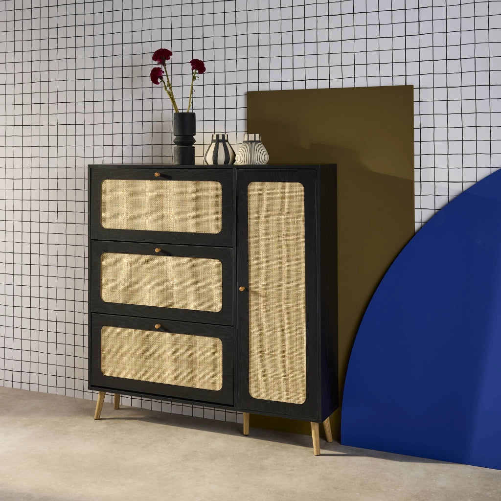 Scarpiera con decoro in legno e canna, 3 ante, nero