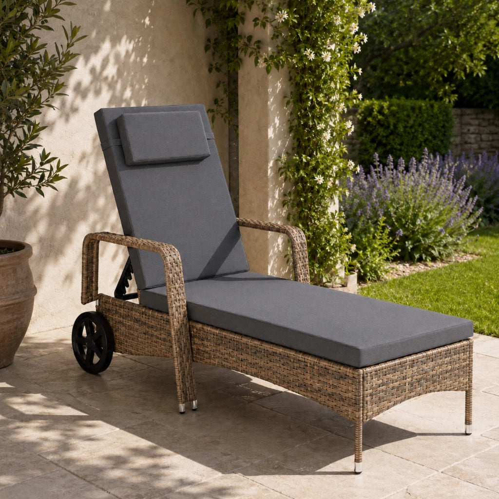 Lettino Prendisole Reclinabile In Polyrattan Con Schienale Regolabile In 6 Posizioni Cuscino Poggiatesta E Ruote Ideale Per Giardino Piscina Terrazza Solarium Relax Outdoor 196 x 72 x 94.5 Cm Marrone Chiaro