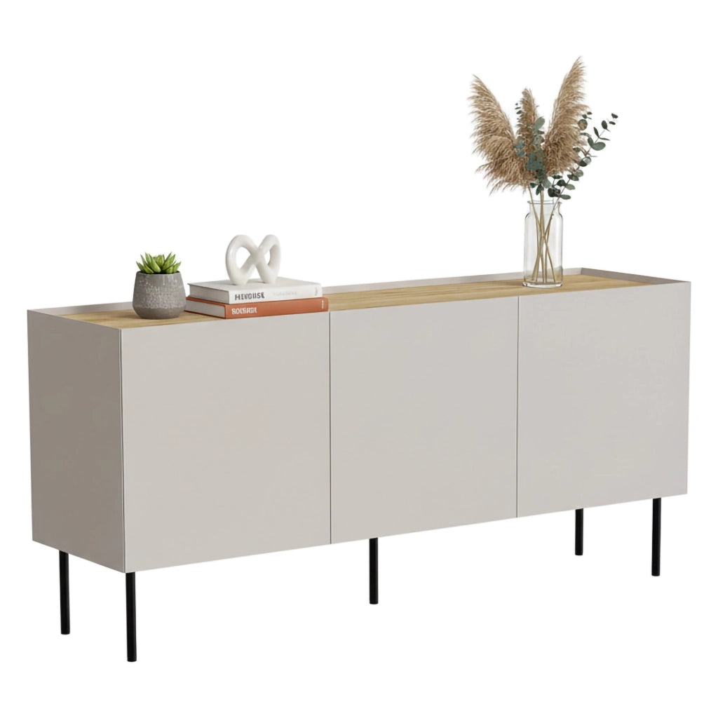 Credenza Verrone, Madia da salotto con tre ante battenti e vani interni, Rialzata da terra, 150x40 h70 cm, Beige e Rovere