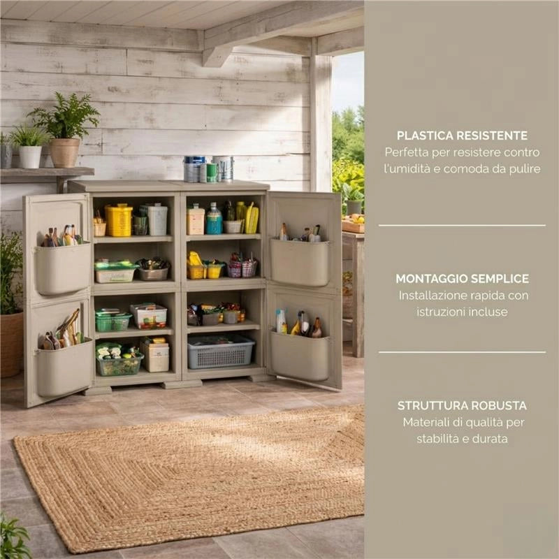 MOBILE MULTIUSO 2 ANTE TALPA 79X43X85,5 CM CON 2 MODULI E 4 TASCHE LATERALI – ARMADIO ORGANIZZATORE CON RIPIANI E ANTE LISCE PER CASA