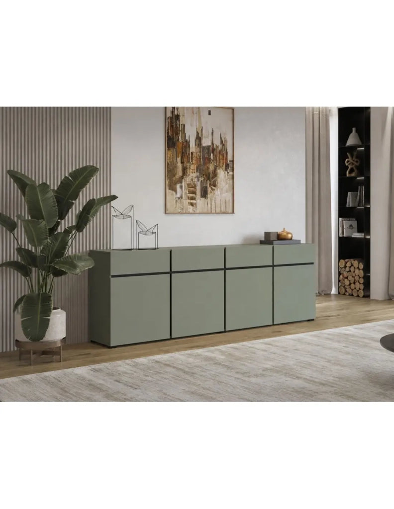 Buffet XL colore verde salvia 225cm collezione HAVANA. Credenza design con 4 porte e 4 cassetti.