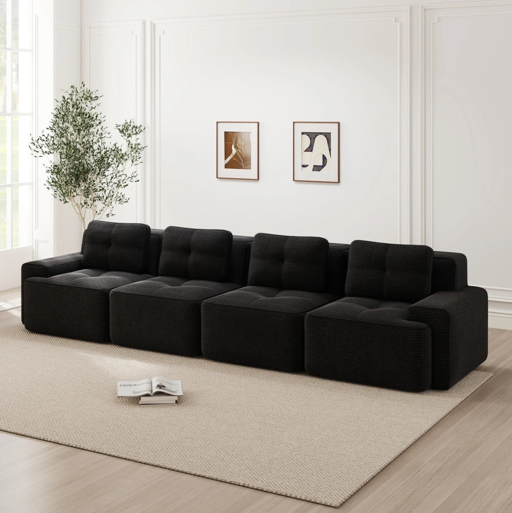Divano modulare senza montaggio 382x104x69 cm in velluto a coste nero con seduta profonda