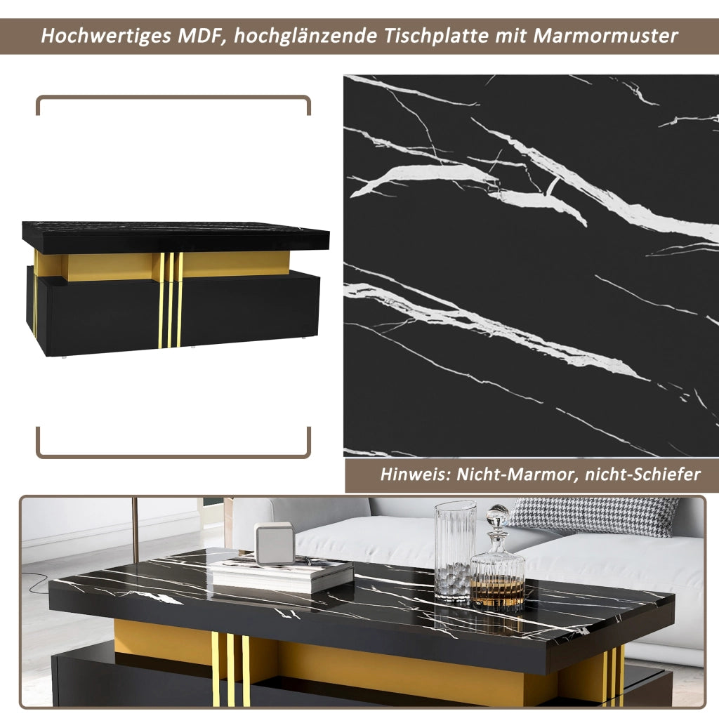 Tavolino da salotto moderno rettangolare 100x50x40 cm in truciolare nero; piano effetto marmo e 2 cassetti