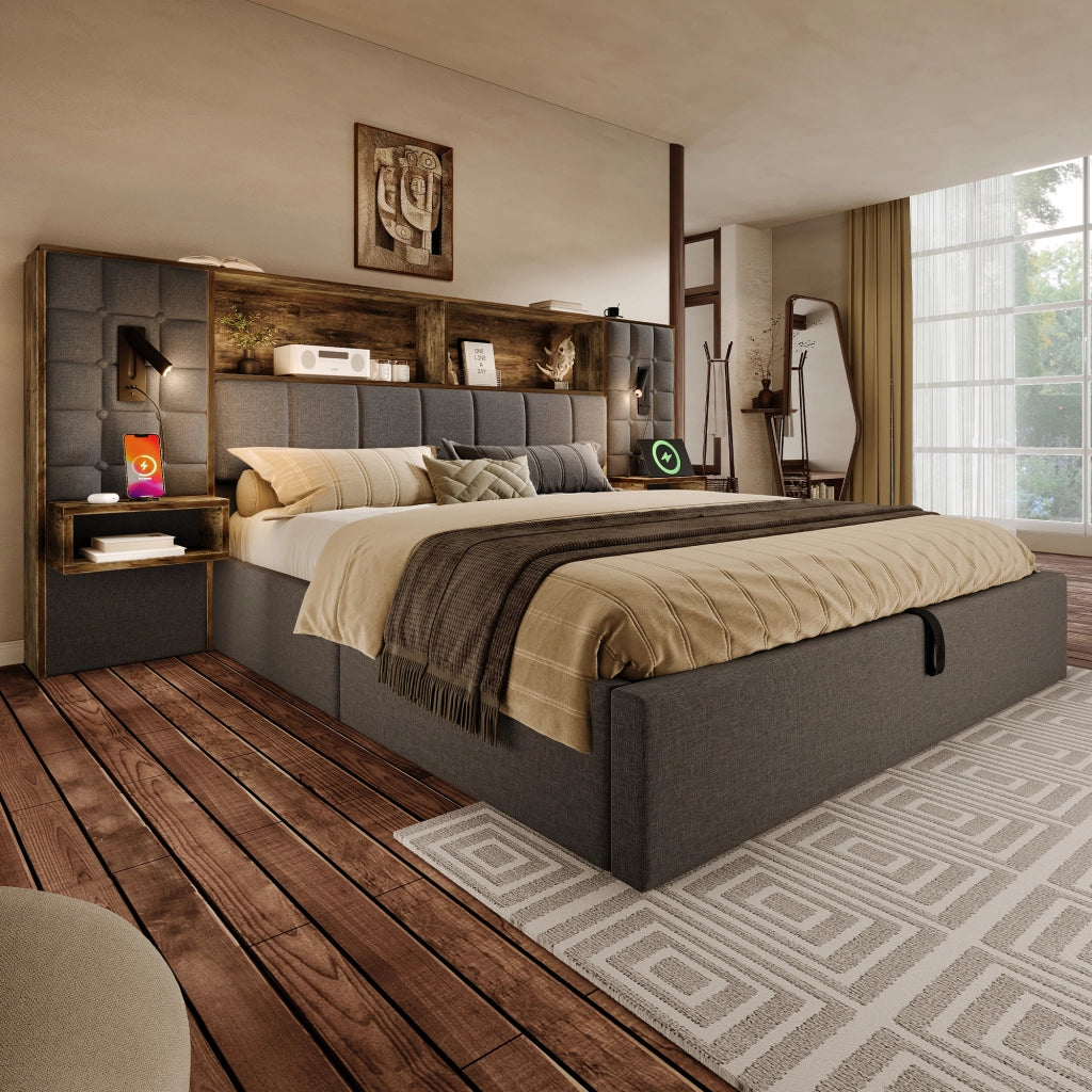Letto matrimoniale 160 × 200 cm con contenitore, luci da lettura, 2 comodini, USB e Type-C, senza materasso, grigio
