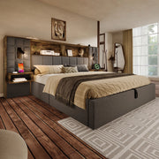 Letto matrimoniale 160 × 200 cm con contenitore, luci da lettura, 2 comodini, USB e Type-C, senza materasso, grigio