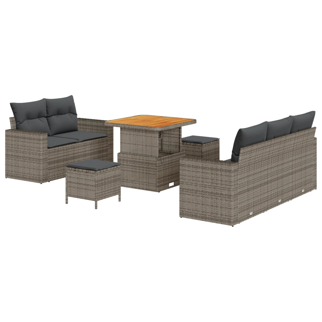 Set di Divani da Giardino 8 Pezzi con Cuscini Grigio Rattan Polietilene Acacia
