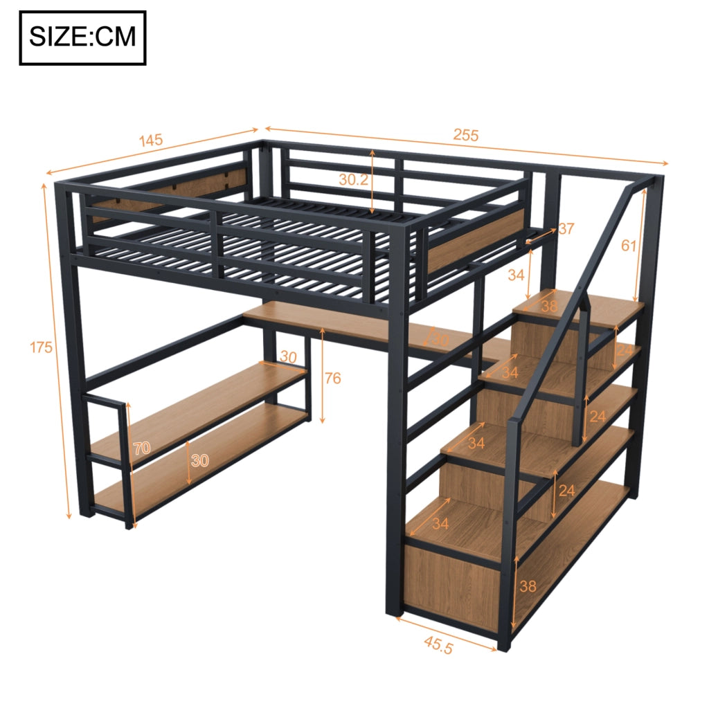 Letto a soppalco in metallo per materasso 140x200 cm con scala contenitore; scrivania e ripiani; nero