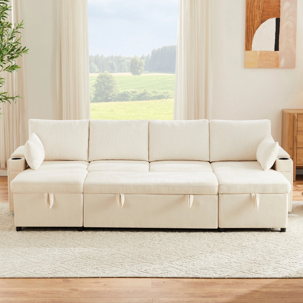 Divano letto modulare a U con contenitore e portabicchieri; 272 cm; beige