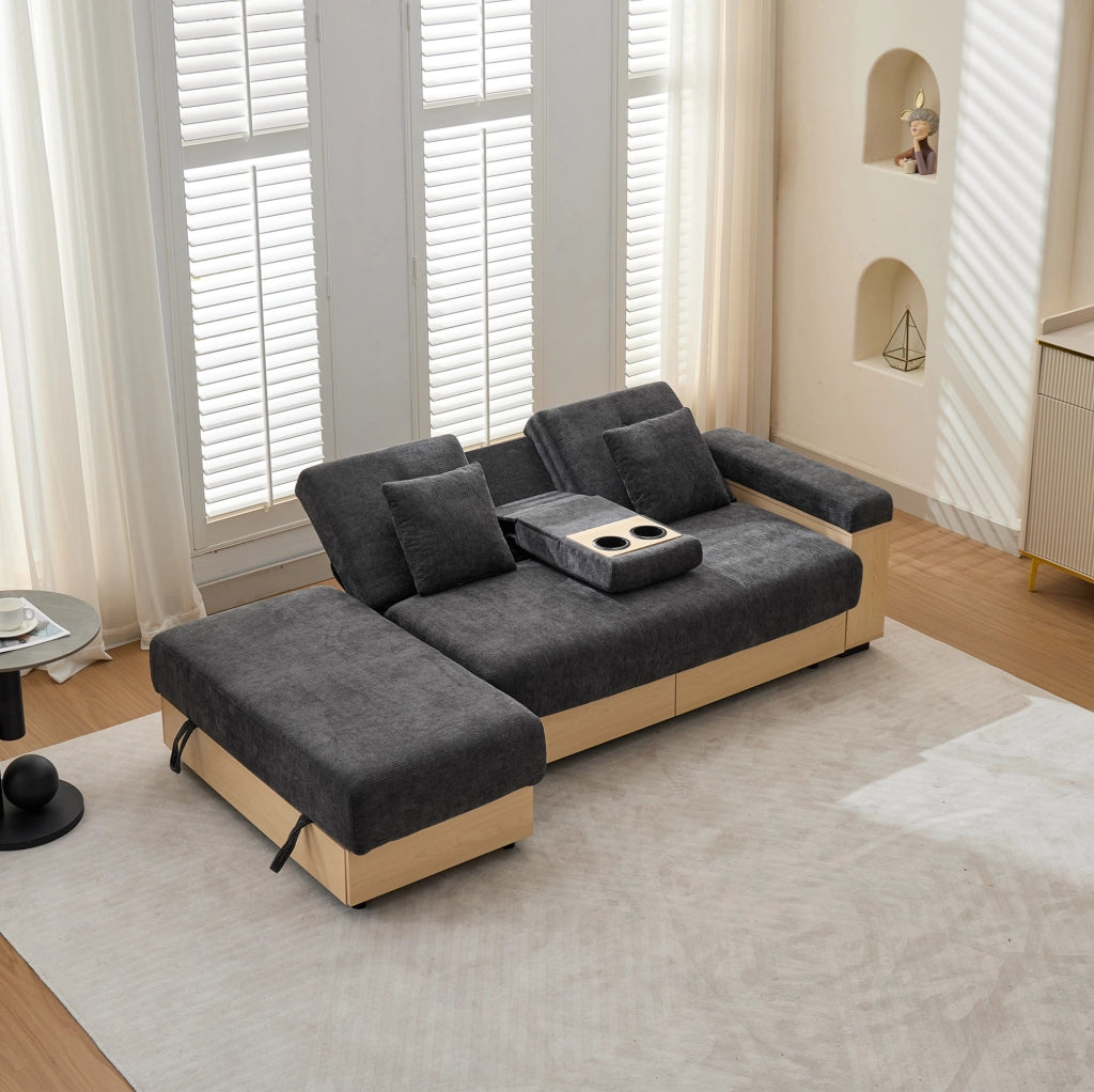 Divano letto grigio in chenille con contenitore e schienale regolabile