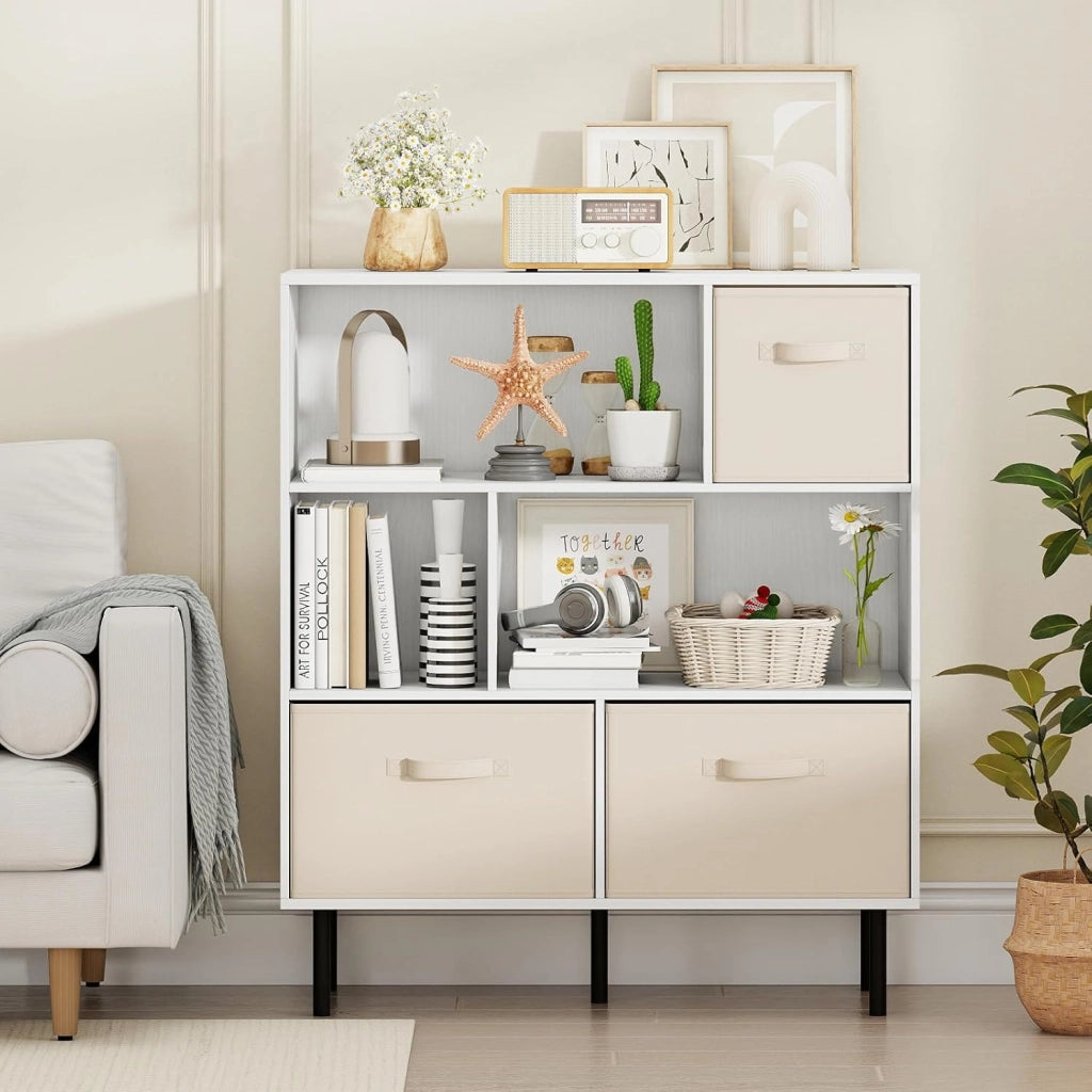 Libreria a 6 Cubi, Scaffale a 3 Livelli con 3 Cassetti in Tessuto Pieghevoli, Organizzatore Autoportante con Gambe in Metallo per Soggiorno, Ufficio, 90 x 40 x 105 cm (Bianco)