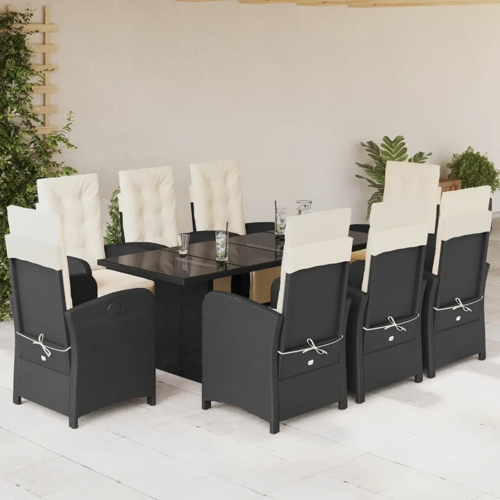 Set da Pranzo da Giardino 9 pz con Cuscini Nero in Polyrattan