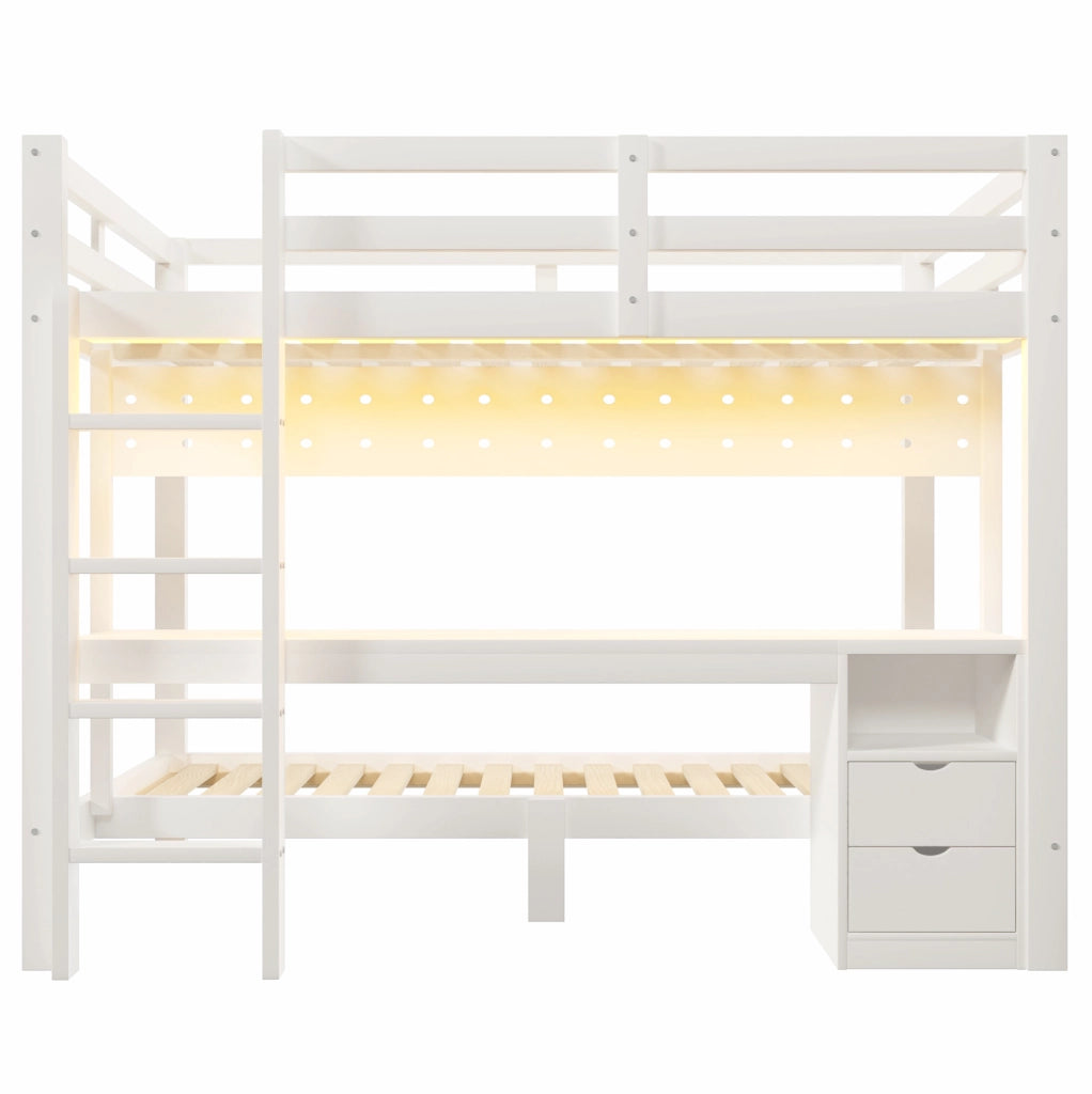 Letto a castello con scrivania, cassetti e luce LED 140x200/90x200
