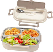 Lunchbox portatile con 3 compartimenti e cucchiaio riciclabile, per ufficio e viaggio, lunchbox isolata in acciaio inossidabile 304, 1 l