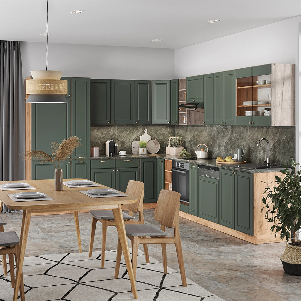 Cucina angolare completa Fame-Line Verde-oro rustico/Rovere dorato 347 x 60 cm, PL Antracite Vicco