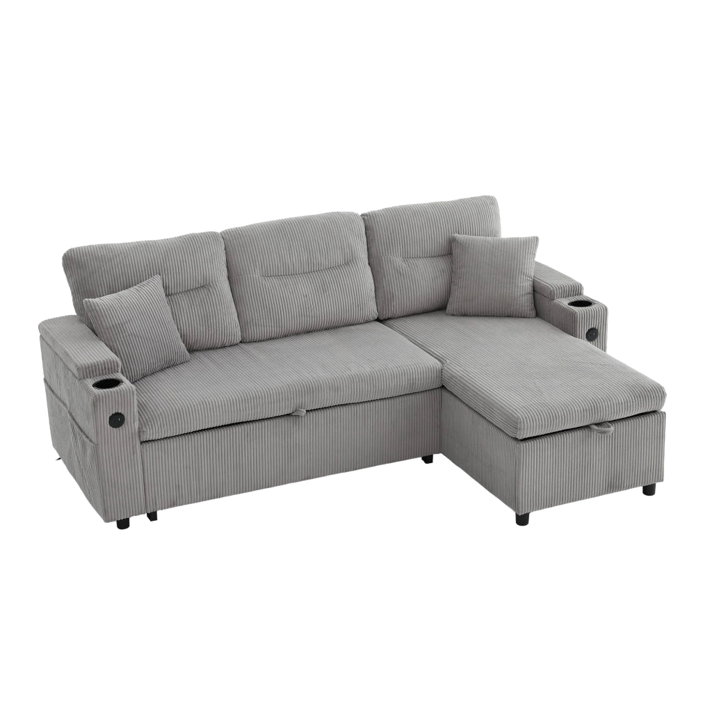 Divano letto a 3 posti con chaise longue idraulica, letto estraibile, USB-C e tessuto a coste grigio chiaro