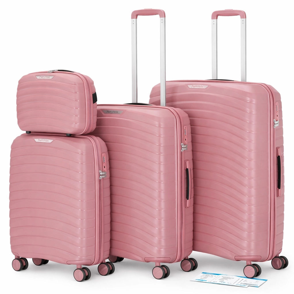 Set 4 Valigie Rigide Abs e PP con Beauty Case, Trolley 4 Ruote, Lucchetto Rosa