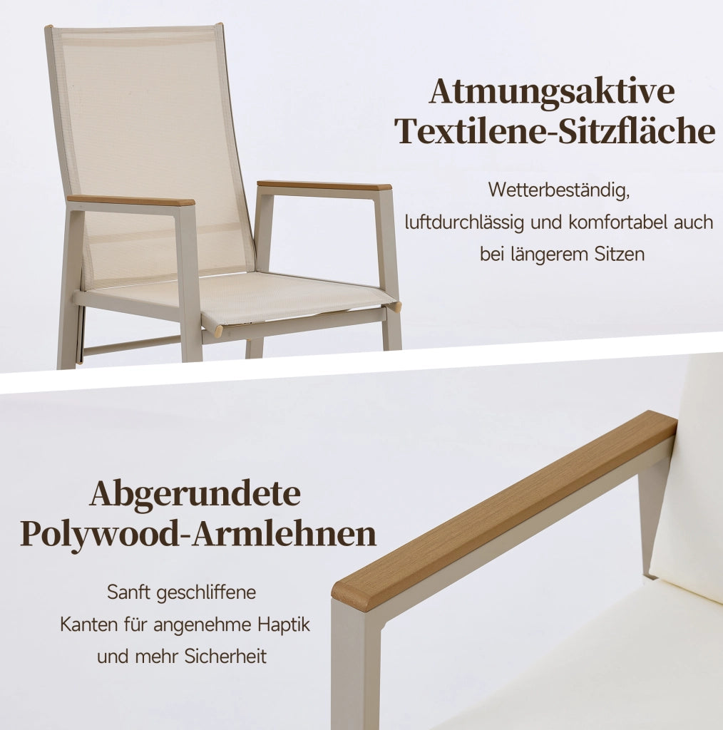 Sedia da esterno con braccioli in plastica effetto legno e seduta in Textilene; beige